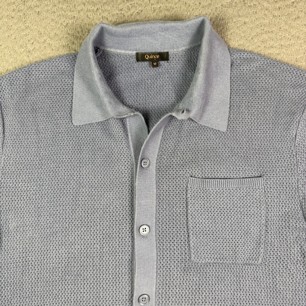 Quince 100% Organic Cotton Mesh-Stitch Button-up Sweater Polo Mens M Blue
